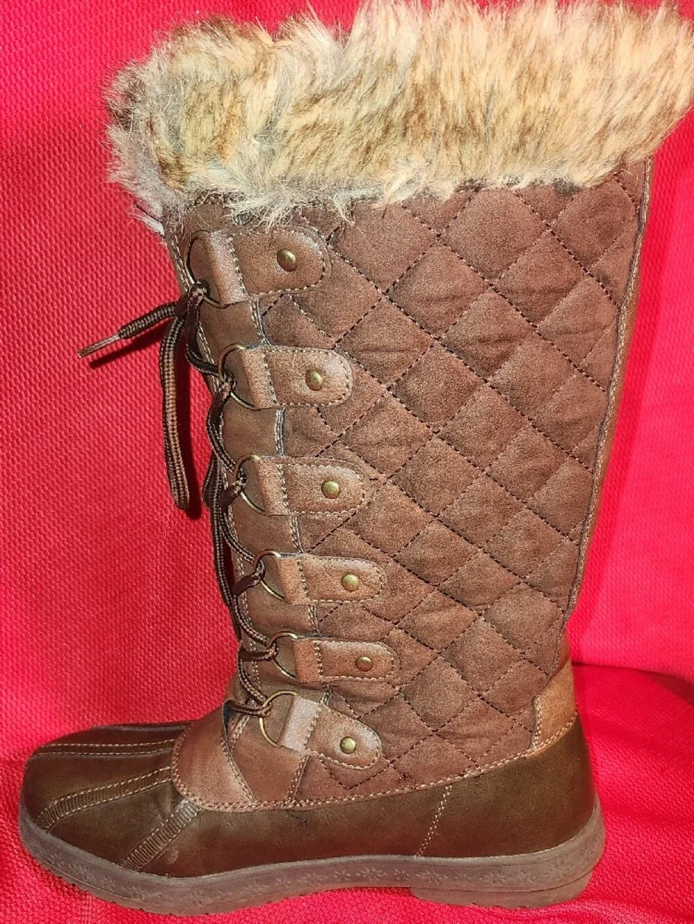 JustFab Brown Lace-Up Fur-Trim Winter Boots